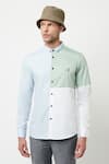 Lacquer Embassy_Blue 100% Cotton Embroidery Leaf Azul Colorblock Shirt  _Online_at_Aza_Fashions