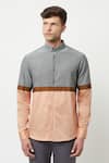 Lacquer Embassy_Grey 100% Cotton Textured Pattern Quain Colorblock Shirt  _Online_at_Aza_Fashions