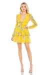 Mac Duggal_Yellow Polyester Embroidery Plunge Neck Floral Print Tiered Ruffle Dress _Online_at_Aza_Fashions