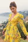 Shop_Mac Duggal_Yellow Polyester Embroidery Plunge Neck Floral Print Tiered Ruffle Dress _Online_at_Aza_Fashions