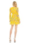 Shop_Mac Duggal_Yellow Polyester Embroidery Plunge Neck Floral Print Tiered Ruffle Dress _at_Aza_Fashions