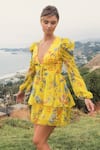 Buy_Mac Duggal_Yellow Polyester Embroidery Plunge Neck Floral Print Tiered Ruffle Dress _at_Aza_Fashions