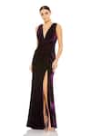 Buy_Mac Duggal_Purple Polyester V-neck Amethyst Solid Pleated Gown _at_Aza_Fashions