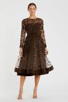 Buy_Mac Duggal_Brown Polyester Applique, Beads Round Neck Layered Floral Midi Dress _at_Aza_Fashions