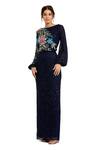 Buy_Mac Duggal_Blue Polyester Sequins Boat Neck Midnight Blossom Gown _at_Aza_Fashions