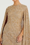 Mac Duggal Gold Polyester Sequins Round Neck Embellished Cape Sleeves Dress Online at Aza Fashions Mac Duggal_Gold Polyester Sequins Round Neck Embellished Cape Sleeves Dress _Online_at_Aza_Fashions