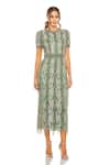 Buy_Mac Duggal_Green Polyester Sequins Round Neck Floral Art Midi Dress _at_Aza_Fashions