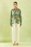 Shop_Shraddha Rambhia_Green Gingham Tassels, Embroidery Shawl High-low Floral Mughal Printed Shirt_Online_at_Aza_Fashions