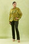 Shop_Shraddha Rambhia_Yellow Gingham, Silk Tassels Shawl Neck Floral Mughal Print High-low Shirt_Online_at_Aza_Fashions
