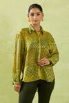 Buy_Shraddha Rambhia_Yellow Gingham, Silk Tassels Shawl Neck Floral Mughal Print High-low Shirt_at_Aza_Fashions