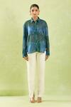 Buy_Shraddha Rambhia_Blue Gingham, Silk Tassels, Embroidery Shawl Floral Mughal Print High-low Shirt_Online_at_Aza_Fashions
