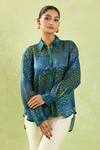 Shop_Shraddha Rambhia_Blue Gingham, Silk Tassels, Embroidery Shawl Floral Mughal Print High-low Shirt_Online_at_Aza_Fashions