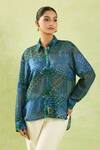 Buy_Shraddha Rambhia_Blue Gingham, Silk Tassels, Embroidery Shawl Floral Mughal Print High-low Shirt_at_Aza_Fashions