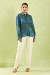 Shraddha Rambhia_Blue Gingham, Silk Tassels, Embroidery Shawl Floral Mughal Print High-low Shirt_at_Aza_Fashions