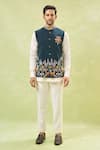 RNG Safawala_Green Terry Silk Embroidey Resham Wildlife Nehru Jacket _Online_at_Aza_Fashions