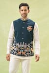 RNG Safawala_Green Terry Silk Embroidey Resham Wildlife Nehru Jacket _at_Aza_Fashions
