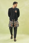 RNG Safawala_Black Terry Silk Embroidey Resham Wildlife Achkan Set _at_Aza_Fashions