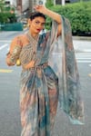 Nirmooha_Grey Chiffon Print And Embroidery Abstract & Cording Pre-draped Saree With Blouse _at_Aza_Fashions