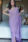 Buy_The Right Cut_Purple Chanderi Silk Leaf Motifs Sweetheart Stella Pre-draped Saree With Blouse_at_Aza_Fashions
