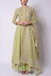 Buy_5X by Ajit Kumar_Green Anarkali Chanderi Kurta Lehenga Set_at_Aza_Fashions