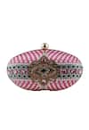 Shop_Puneet Gupta_Pink Rhinestones, Sequins Gold Metal Oval Printed Clutch _Online_at_Aza_Fashions