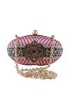 Shop_Puneet Gupta_Pink Rhinestones, Sequins Gold Metal Oval Printed Clutch _at_Aza_Fashions
