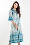 Buy_Whimsical By Shica_Blue Cotton Silk V Neck Printed Midi Dress _at_Aza_Fashions