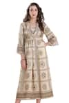 Buy_Whimsical By Shica_Beige Cotton Silk V Neck Printed Midi Dress _at_Aza_Fashions