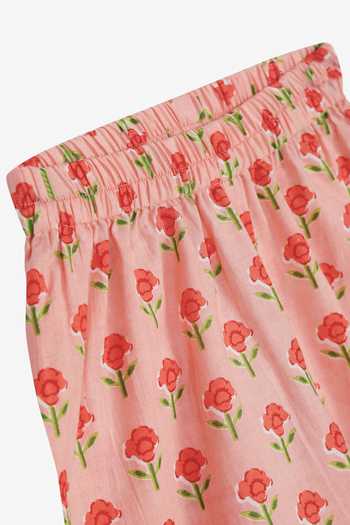 Saka Designs_Peach Cotton Printed Night Suit Set _at_Aza_Fashions