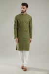 Buy_Kasbah_Green Silk Embroidery Mandarin Collar Kurta Set _at_Aza_Fashions