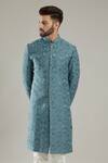 Kasbah_Blue Silk Embroidered Sherwani_Online_at_Aza_Fashions