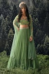 Paulmi and Harsh_Green And Embroidery Jungle Leaf Neck Star Lehenga Set _Online_at_Aza_Fashions