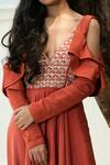Shop_Varun Chakkilam_Red Chiffon V Neck Embroidered Cold-shoulder Gown_Online_at_Aza_Fashions