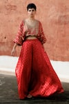 Buy_RI.Ritu Kumar_Red Silk Satin Embroidered Floral Pattern V Neck Top And Palazzo Set _at_Aza_Fashions