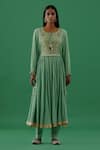 Buy_5elements_Green 100% Cotton With Silk Brocade Yoke Embellishment Brooch Round Anarkali Set _Online_at_Aza_Fashions