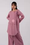 Buy_Tussah By Siddhi Shah_Purple Cotton Threadwork Round Buttoned Flap Tunic With Culottes  _Online_at_Aza_Fashions