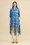 Shop_Zeel Doshi_Blue Silk Spread Collar Asymmetric Tunic  _Online_at_Aza_Fashions