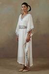 Shop_Sureena Chowdhri_White Muslin Embroidered Thread Work V Neck Kaftan With Belt _at_Aza_Fashions