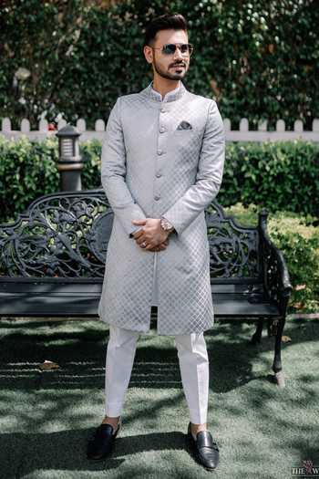 Buy_Contrast By Parth_Blue Jacquard Sherwani Set _at_Aza_Fashions