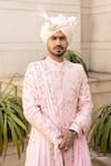 Shop_Contrast By Parth_Peach Raw Silk Embroidered Sherwani Set _at_Aza_Fashions