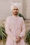 Contrast By Parth_Peach Raw Silk Embroidered Sherwani Set _Online_at_Aza_Fashions