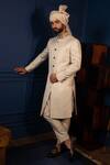 Shop_Contrast By Parth_White Geometric Jacquard Sherwani Set _at_Aza_Fashions