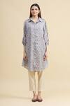 Shop_Zeel Doshi_Blue Silk Spread Collar Printed Tunic_Online_at_Aza_Fashions