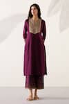 Shop_Sureena Chowdhri_Purple Silk Chanderi Embroidered Thread Work Round Notched Kurta Set _at_Aza_Fashions
