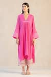 Shop_Sureena Chowdhri_Pink Cotton Gauze Embroidery Thread V Neck Asymmetric Kurta Palazzo Set _at_Aza_Fashions