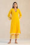 Shop_Sureena Chowdhri_Yellow Cotton Gauze Embroidery Lace Trim V Neck Kurta Palazzo Set  _at_Aza_Fashions