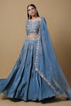 Niamh By Kriti_Blue Organza Embroidered Sequins Square Neck Bridal Lehenga Set _Online_at_Aza_Fashions