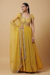 Niamh By Kriti_Yellow Crepe Embroidered Resham Work V Neck Floral Anarkali With Dupatta _Online_at_Aza_Fashions