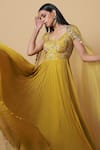 Shop_Niamh By Kriti_Yellow Crepe Embroidered Resham Work V Neck Floral Anarkali With Dupatta _Online_at_Aza_Fashions