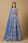 Niamh By Kriti_Blue Organza Silk Embroidered Sequins Square Neck Bridal Lehenga Set _Online_at_Aza_Fashions